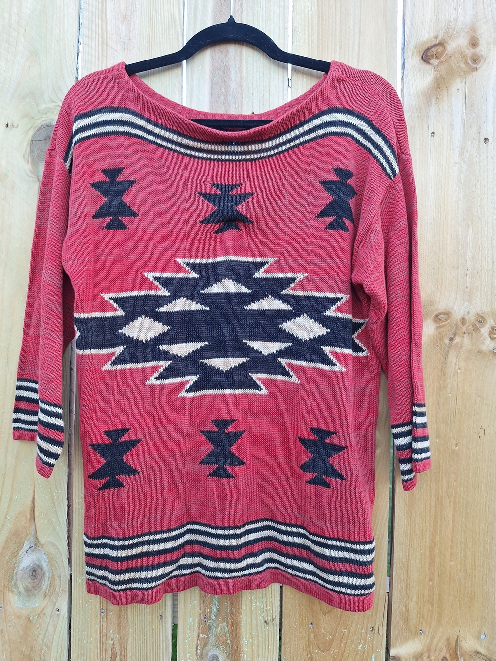 Chaps Red Aztec-Pattern Crewneck Sweater with Navy & Cream Accents Size Medium